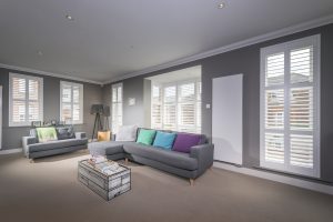 White Contemporary Box Bay Plantation Shutters