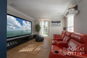 Full Height Shutter With Integrated Blackout Blind In Cinema Room Installed In Winchester By The Great Shutter Co.