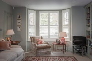 traditional bay window shutter installed by The Great Shutter Co.